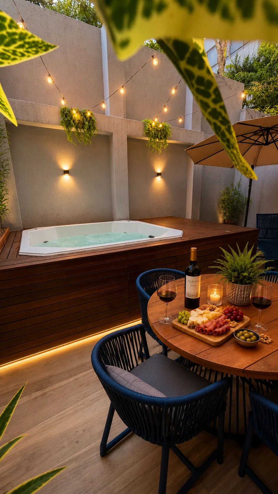 Espaço privativo com hidromassagem e mesa de jantar